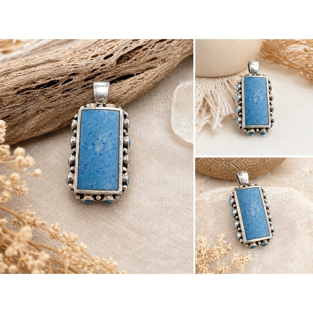 Vintage 90s Turquoise Pendant Sterling Silver Southwest Boho Statement Artisan